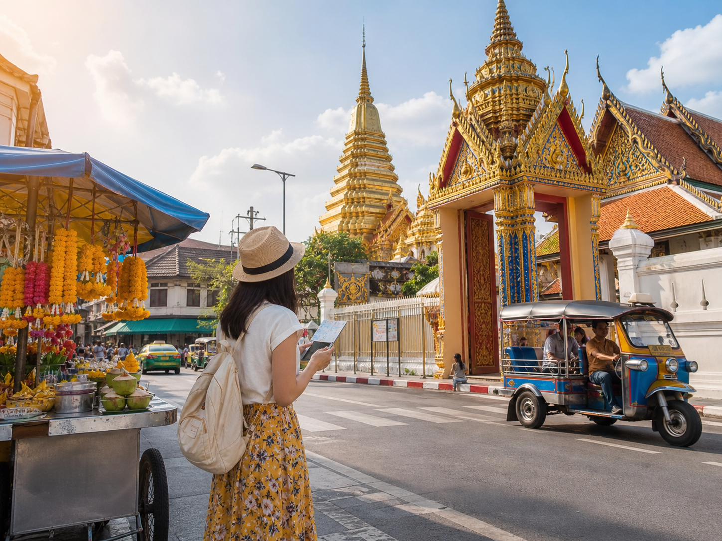 初めてのタイ旅行で、バンコクの寺院前に立ち、地図を見ながら街歩きを始める旅行者。花飾りの屋台やトゥクトゥクが見える明るい導入イメージ。