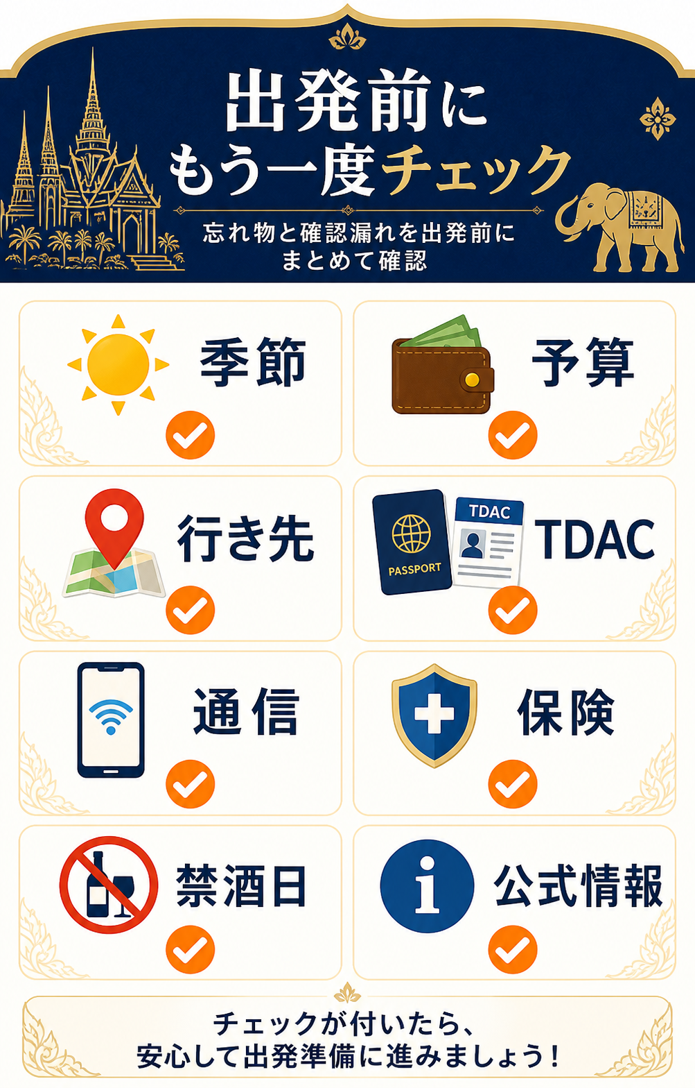 出発前にもう一度チェック。季節、予算、行き先、TDAC、通信、保険、禁酒日、公式情報の8項目を確認するチェックリスト。