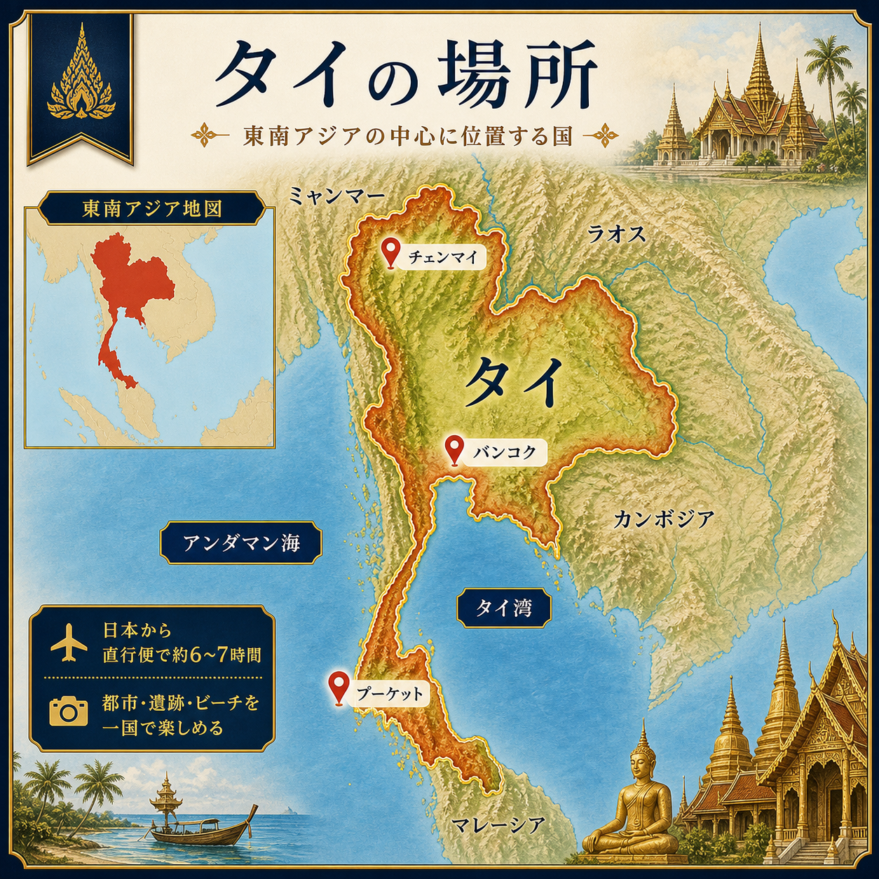 タイの場所を示す地図。東南アジアの中心に位置するタイを強調し、周辺国のミャンマー、ラオス、カンボジア、マレーシア、海域のタイ湾とアンダマン海、主要地点のチェンマイ、バンコク、プーケットを示しています。